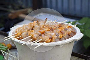 Shrimps on skewers are ready for preparation on fire.