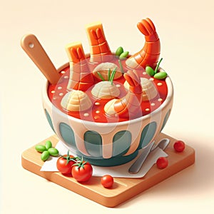 Shrimps in tomato sauce. 3D cartoon illustration on a light background