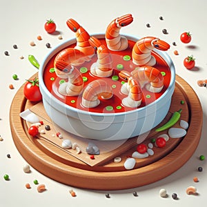 Shrimps in tomato sauce. 3D cartoon illustration on a light background