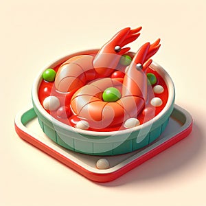 Shrimps in tomato sauce. 3D cartoon illustration on a light background