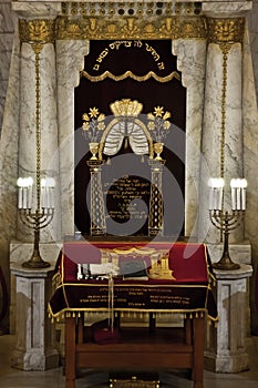 The shrine of Aron Kodesh, covered with a cloth on the table, is photo