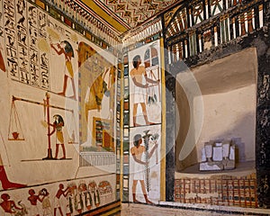 Shrine and end of south wall of a fresco decorated passageway leading to shrine with remains statues Menna and Henut-Tawy in TT69.