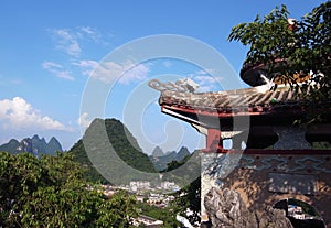 Shrine and pointy hills view