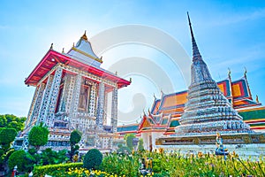 The shrines and chedi of Wat Arun complex in Bangkok, Thailand