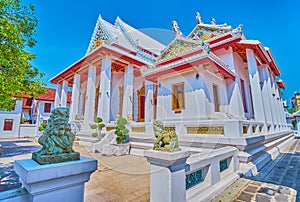 Shrines of Wat Bowonniwet Vihara temple in Bangkok, Thailand