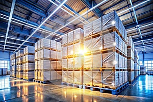 Shrink-Wrapped Pallets in Warehouse photo