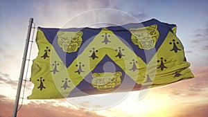 Shropshire flag, England, waving in the wind, sky and sun background