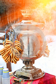 Shrovtide simblols samovar with boiled water