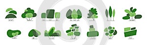 Shrub bush shrubbery tree simple abstract flat cartoon vector illustration. Set of garden green plant isolated on white