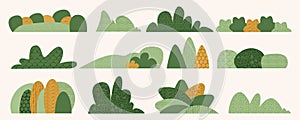 Shrubbery and bush hedge in simple scandinavian style vector cartoon illustration. Set of abstract shrub, foliage, green