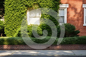 shrubbery camouflaging the lower portion of a brick facade