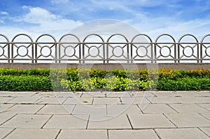 Shrubs and stainless steel fence on blue sky