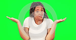 Shrugging, doubt and face of woman on green screen, confusion and questioning choice, emoji and reaction. Portrait