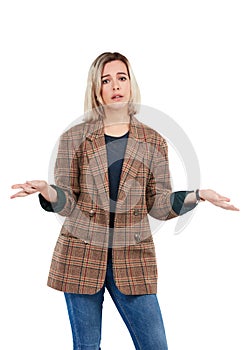 Shrugging, doubt or portrait of woman confused by options isolated on transparent png background. Dont know, ask