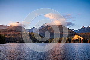 Shtrbske pleso lake in autumn. Slovakia High Tatras mountains