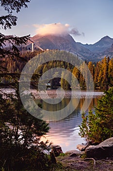 Shtrbske pleso lake in autumn. Slovakia High Tatras mountains