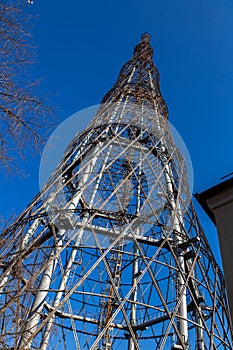 Shukhov Radio Tower, a 160-meter-high free-standing steel radio tower in Moscow, Russia