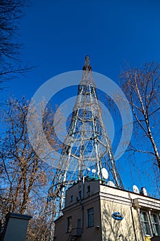 Shukhov Radio Tower, a 160-meter-high free-standing steel radio tower in Moscow, Russia