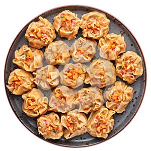 Shumai or Kanom Jeeb or Steamed Pork and Shrimp Dumplings isolated on white backdrop. Chinese food. Asian Meal