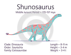 Shunosaurus. Sauropodomorpha dinosaur. Colorful vector illustration of prehistoric creature shunosaurus and description