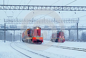 Shunting diesel locomotives during snowfall