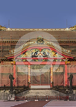 Shuri Castle`s dragons stone sculpture in the Shuri neighborhood of Naha, the capital of Okinawa Prefecture, Japan