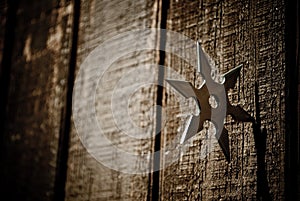 Shuriken star embedded in wood