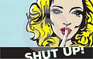 Shut up gesture woman pop art, shhh woman, woman with finger on lips, silence gesture, pop art style banner,