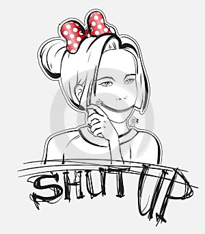 Shut Up. Pop Art vector illustration. Zipped female lips on the lock