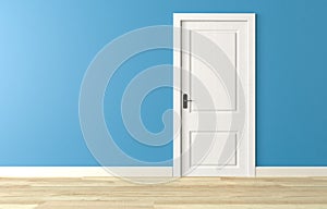 Shut white wooden door on blue wall, white wooden floor