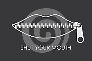 Shut your mouth concept.Lips zipped. Woman`s mouth with zipper closing lips shut