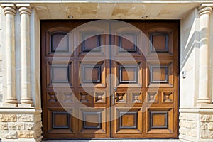 Shutter door or roller door and concrete floor outside .Brown Automatic shutters in a house . gates in the garage . Automatic