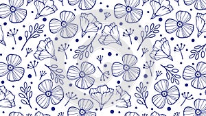 Botanical seamless pattern featuring stylized, hand-drawn flowers and leaves in a monochromatic blue