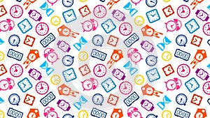 A seamless pattern featuring various colorful clock designs.