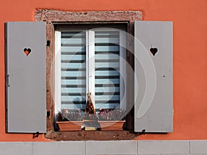 Shutter window with wooden boards and flower pots on the window sill