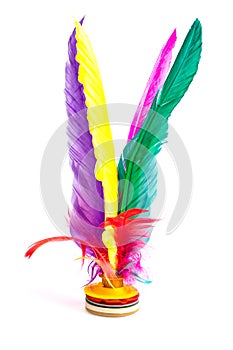 Shuttle Kicking, Colorful Feather Chinese Jianzi Foot Sports, Hacky Sack Foot Feather on iSolated White Background