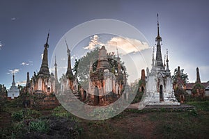 Shwe Inn Dein Pagodas in the Evening, Inle Lake, Myanmar