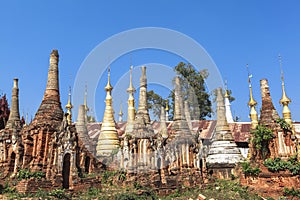 Shwe Inn Thein pagodas of Indein village in Inle Lake