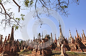 Shwe Inn Thein pagodas of Indein village in Inle Lake