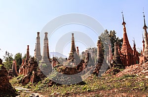 Shwe Inn Thein pagodas of Indein village in Inle Lake