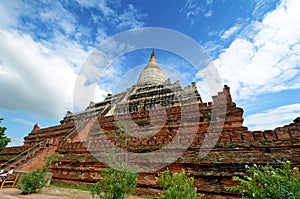 Shwe Sandaw Pagoda in Bagan, Myanmar. On the topmost terrace ris