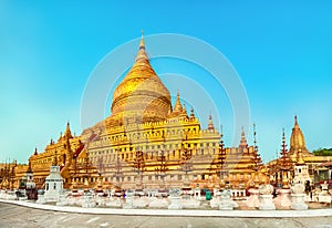 Shwezigon pagoda in Bagan. Myanmar. Panorama