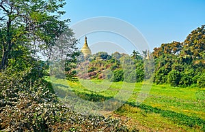 Shwezigon Pagoda, rising above the trees, Ava