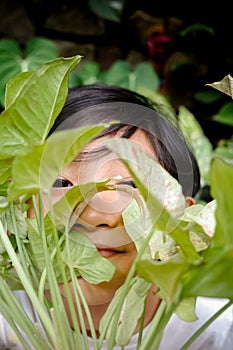 Shy Asian little boy hiding behind tropical green, white and pink milk confetti leaves