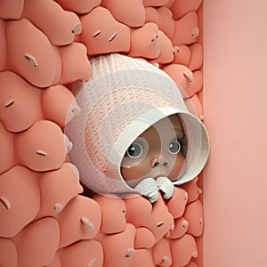 Shy baby in a bonnet against a coral wall, digital character avatar AI generation