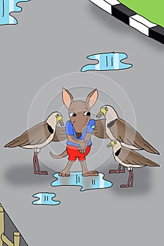 Shy Bandicoot is being advised by 3 birds cartoon illustration