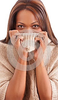 Shy, black woman and sweater with portrait, funny and girl isolated on a white studio background. Face, African person