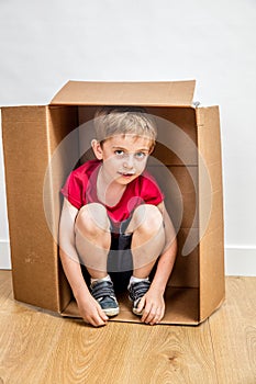 Shy boy hiding in cardboard box playing in new home