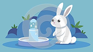 A shy bunny rabbit tentatively approaches the cascading water of a fountain lapping up the fresh water with not a drop
