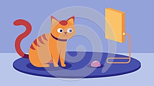 A shy cat slowly creeps towards the interactive pet training mat lured by the calming sound and sight cues to overcome photo